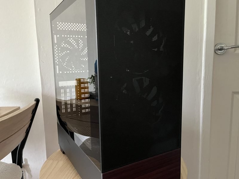 OakTower PC — custom built desktop with wood-grain accent